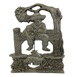 Cast Metal Pewter Fishing Boy & Dog Wall Hanging With Dangle Fish